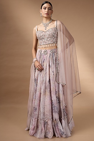 Pink Raw Silk Printed Lehenga Set by Rocky Star