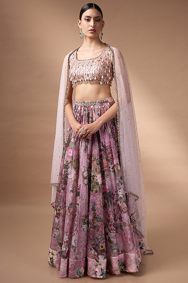 Pink Raw Silk Floral Printed Wedding Lehenga Set by Rocky Star at Pernia's Pop Up Shop