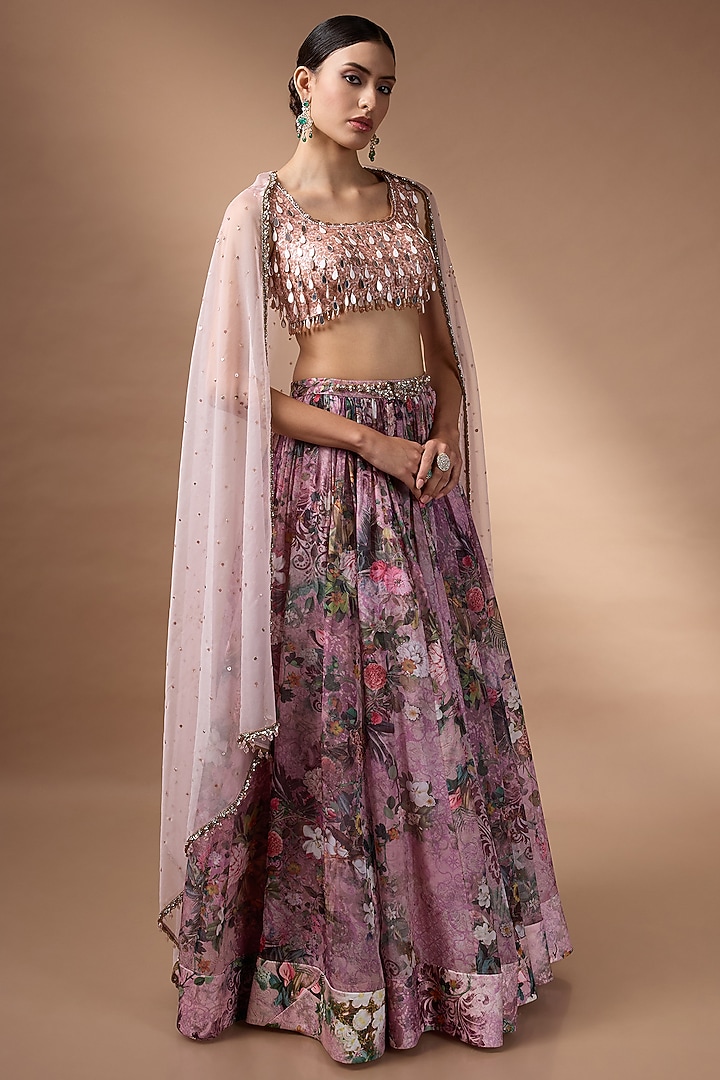 Pink Raw Silk Floral Printed Wedding Lehenga Set by Rocky Star at Pernia's Pop Up Shop