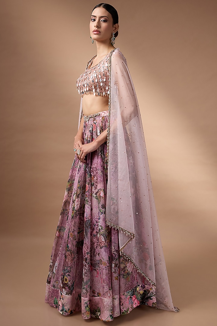 Pink Raw Silk Floral Printed Wedding Lehenga Set by Rocky Star at Pernia's Pop Up Shop