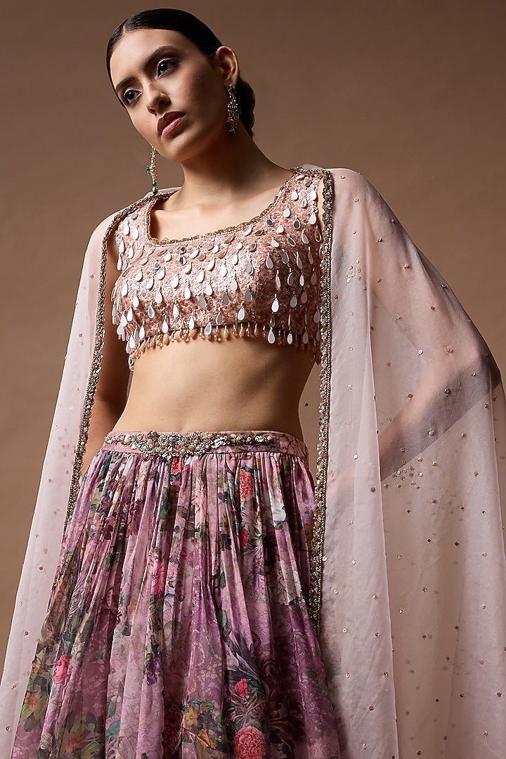 Pink Raw Silk Floral Printed Wedding Lehenga Set by Rocky Star at Pernia's Pop Up Shop