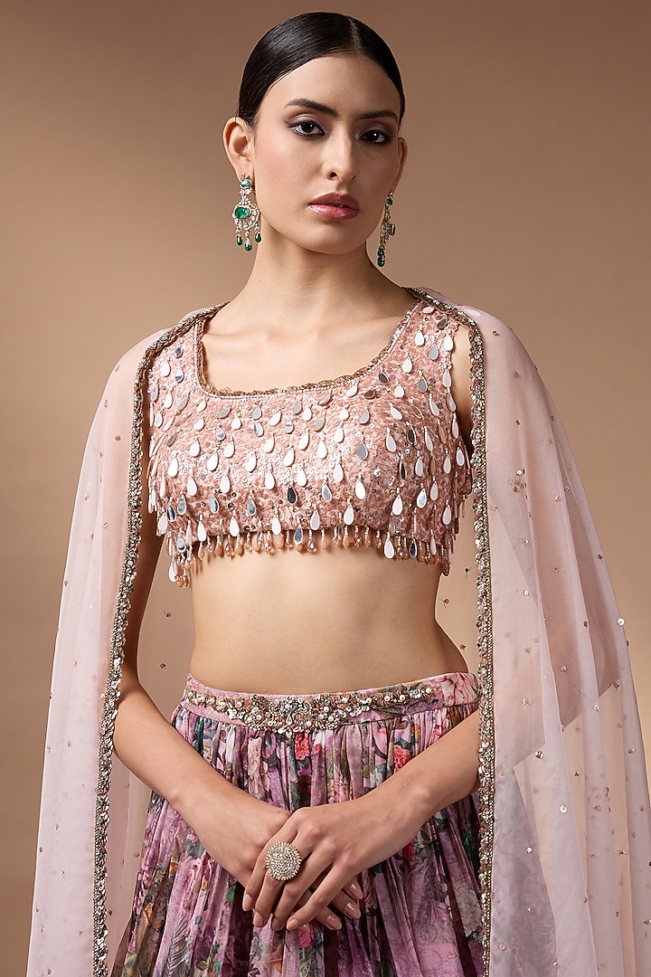 Pink Raw Silk Floral Printed Wedding Lehenga Set by Rocky Star at Pernia's Pop Up Shop