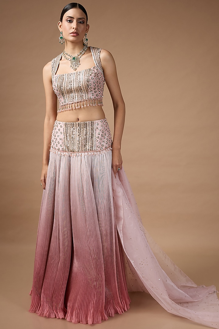 Pink Ombre Raw Silk Bead Embroidered Wedding Lehenga Set by Rocky Star at Pernia's Pop Up Shop