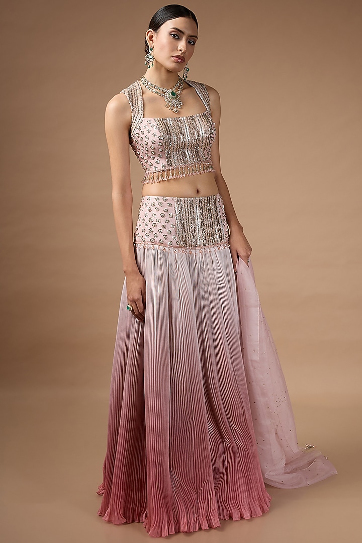 Pink Ombre Raw Silk Bead Embroidered Wedding Lehenga Set by Rocky Star at Pernia's Pop Up Shop