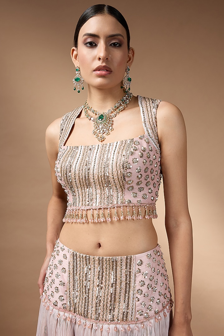 Pink Ombre Raw Silk Bead Embroidered Wedding Lehenga Set by Rocky Star at Pernia's Pop Up Shop