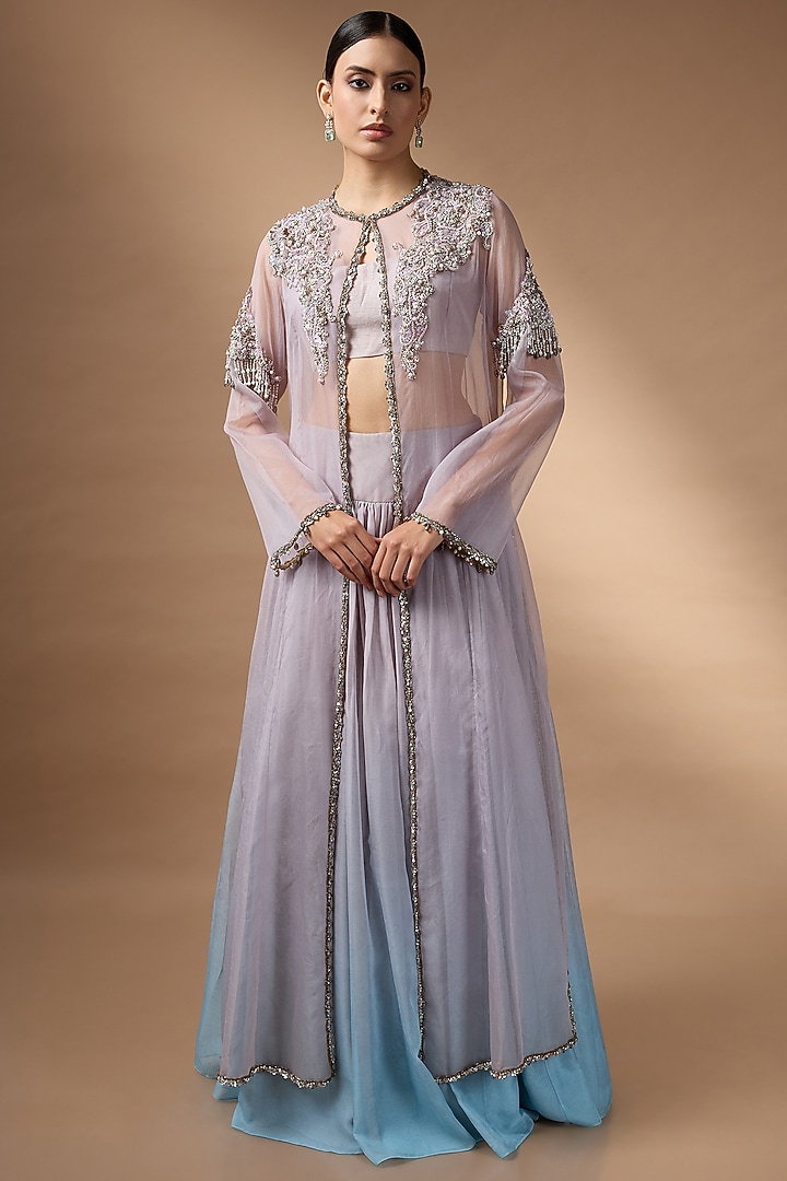 Purple & Blue Raw Silk Embellished Jacket Wedding Lehenga Set by Rocky Star at Pernia's Pop Up Shop