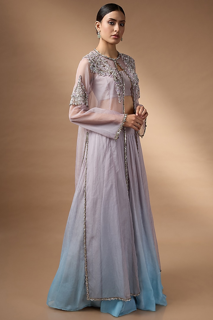 Purple & Blue Raw Silk Embellished Jacket Bridal Lehenga Set by Rocky Star at Pernia's Pop Up Shop