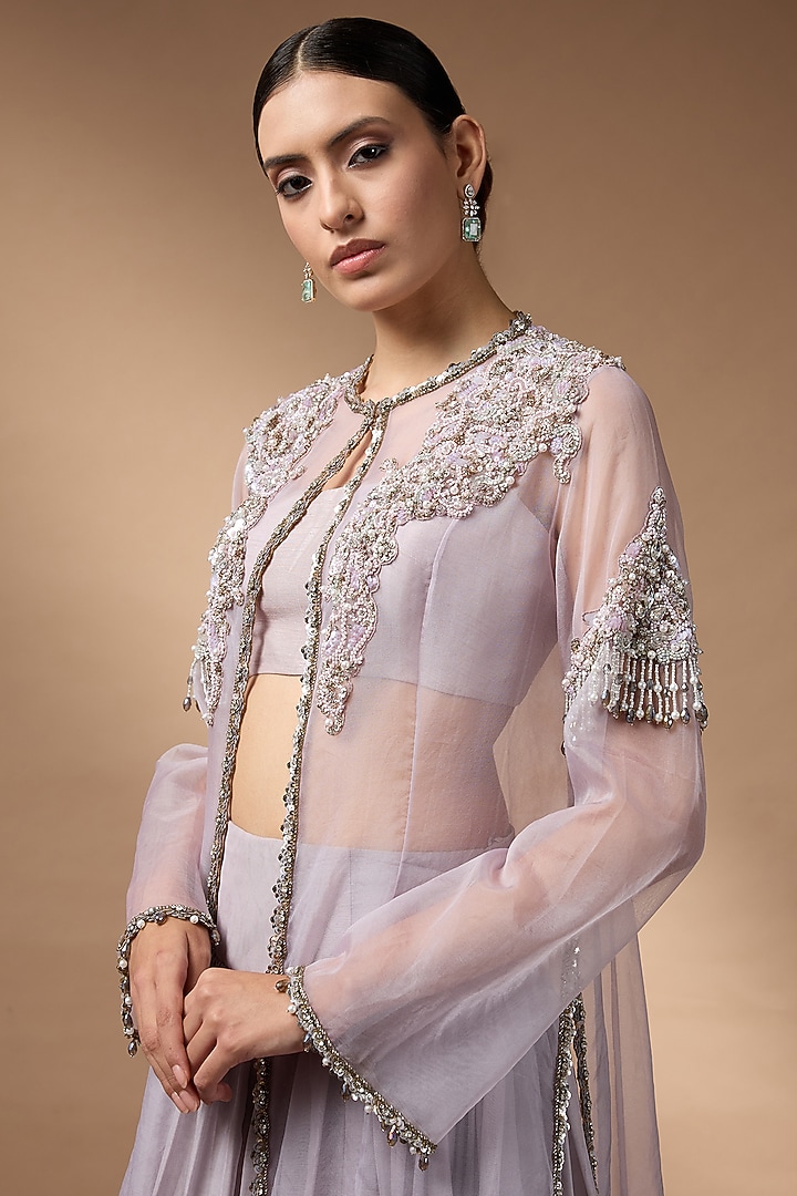 Purple & Blue Raw Silk Embellished Jacket Bridal Lehenga Set by Rocky Star at Pernia's Pop Up Shop