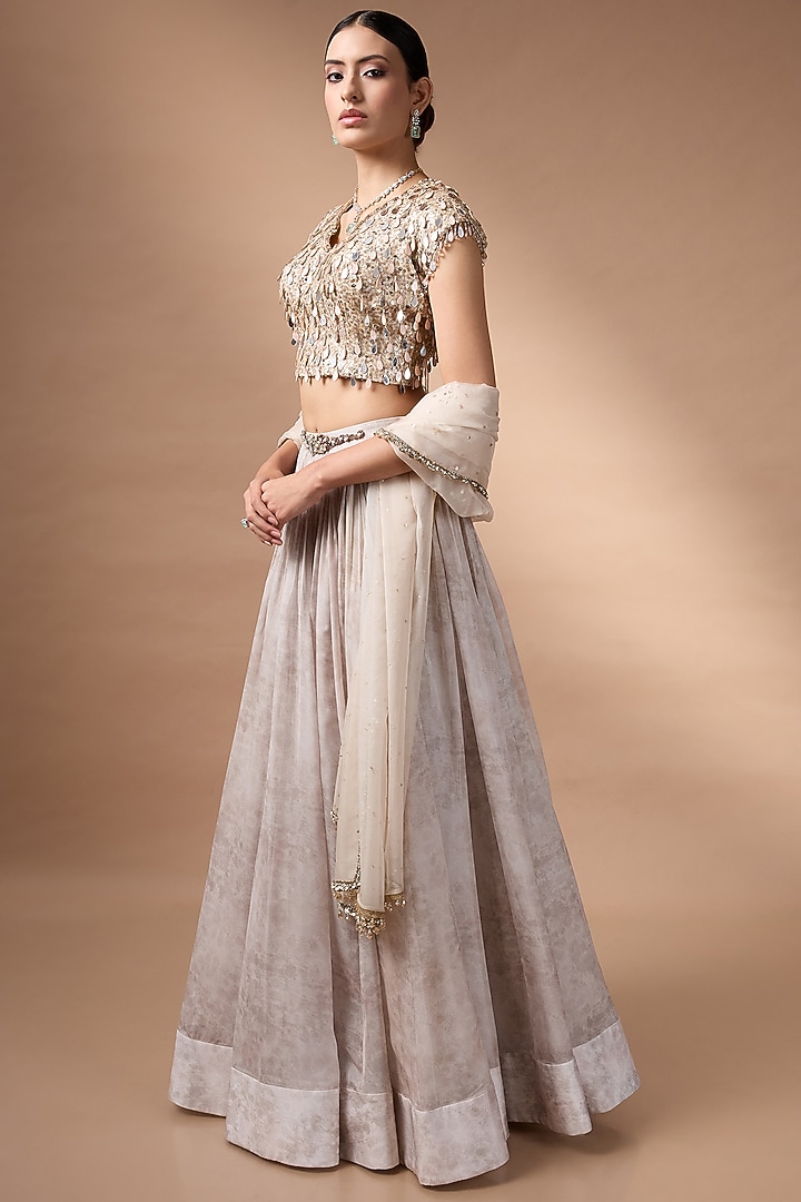 Ivory-Beige Raw Silk Printed Wedding Lehenga Set by Rocky Star at Pernia's Pop Up Shop