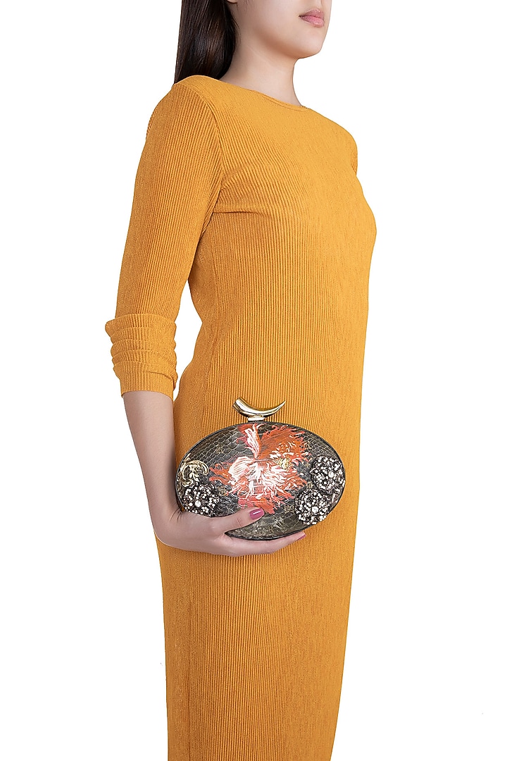 Multi Colored Embroidered Printed Oval Clutch by Rocky Star at Pernia's Pop Up Shop