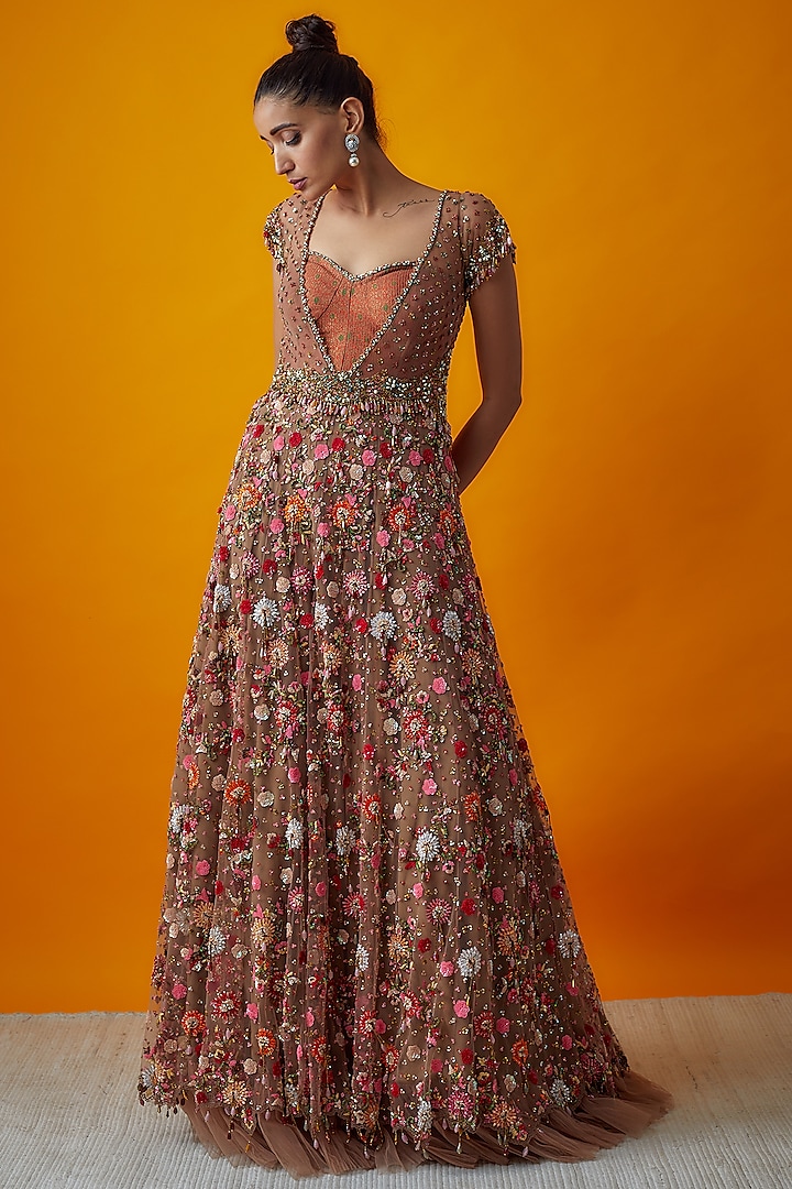 Multi-Colored Brocade & Tulle Embroidered Gown by Rocky Star