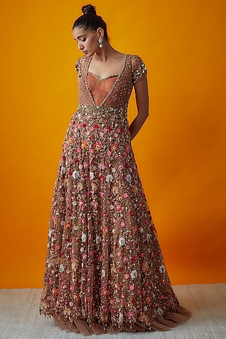 Multi-Colored Brocade & Tulle Embroidered Gown by Rocky Star