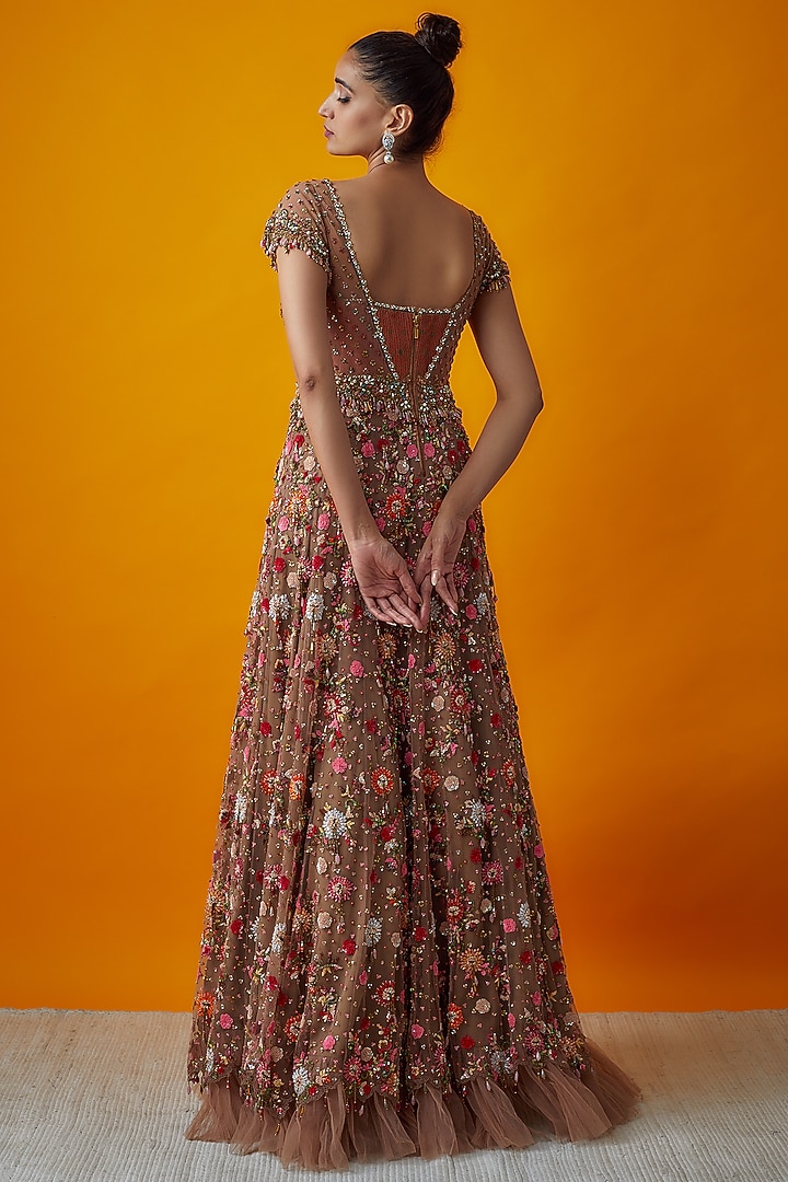 Multi-Colored Brocade & Tulle Embroidered Bridal Gown by Rocky Star at Pernia's Pop Up Shop