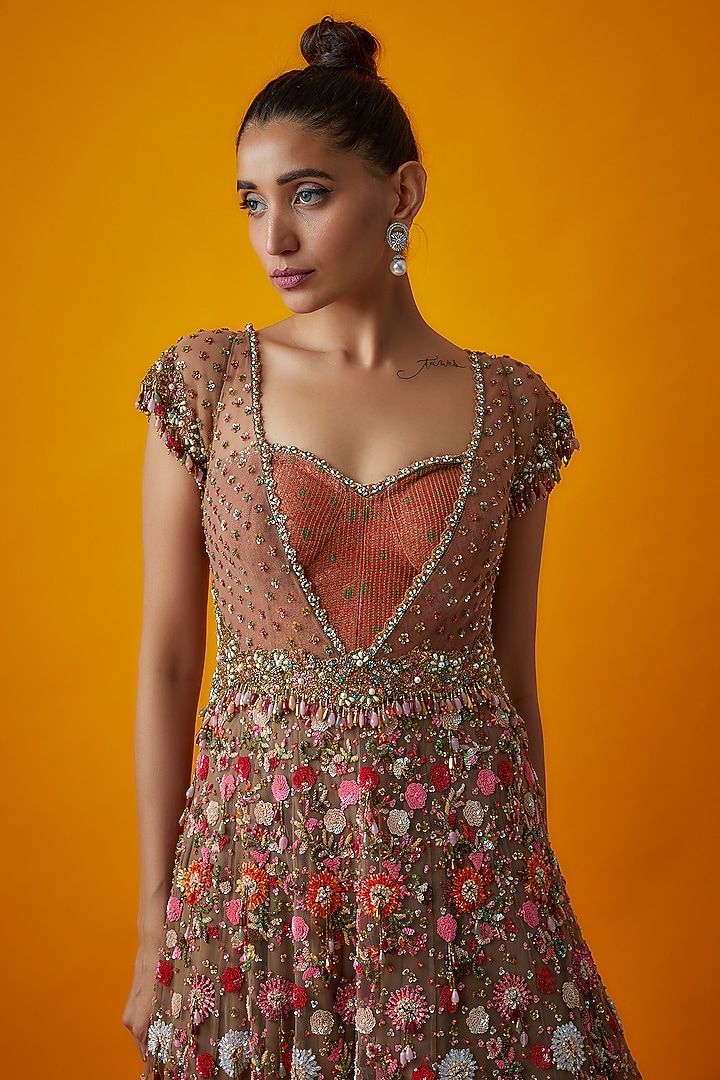 Multi-Colored Brocade & Tulle Embroidered Bridal Gown by Rocky Star at Pernia's Pop Up Shop