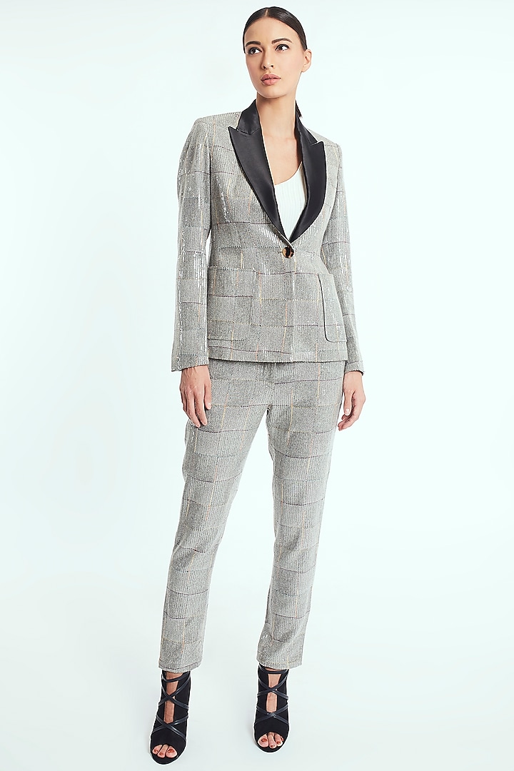 Grey Plaid Tuxedo Suit With Black Lapel by Rocky Star