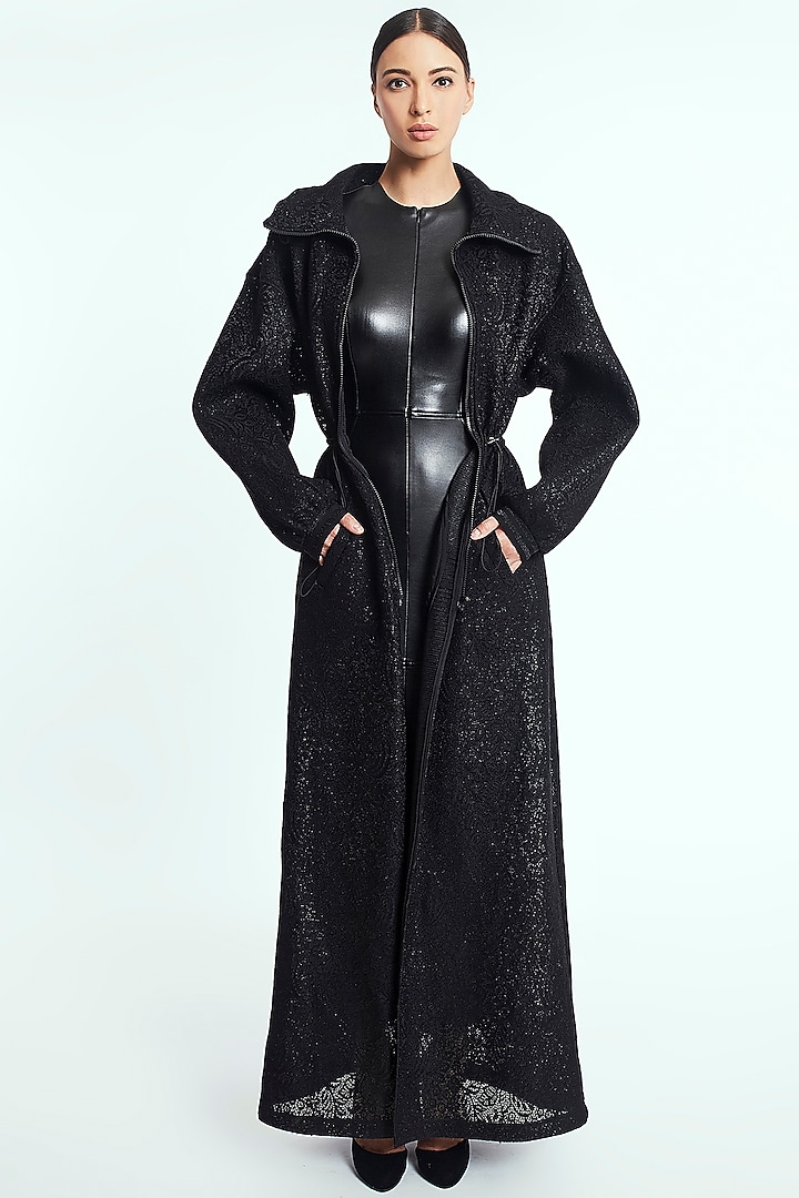 Black Textured Trench Coat by Rocky Star