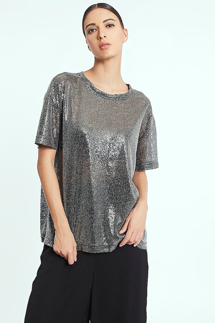 Grey Sequins Embroidered Top by Rocky Star
