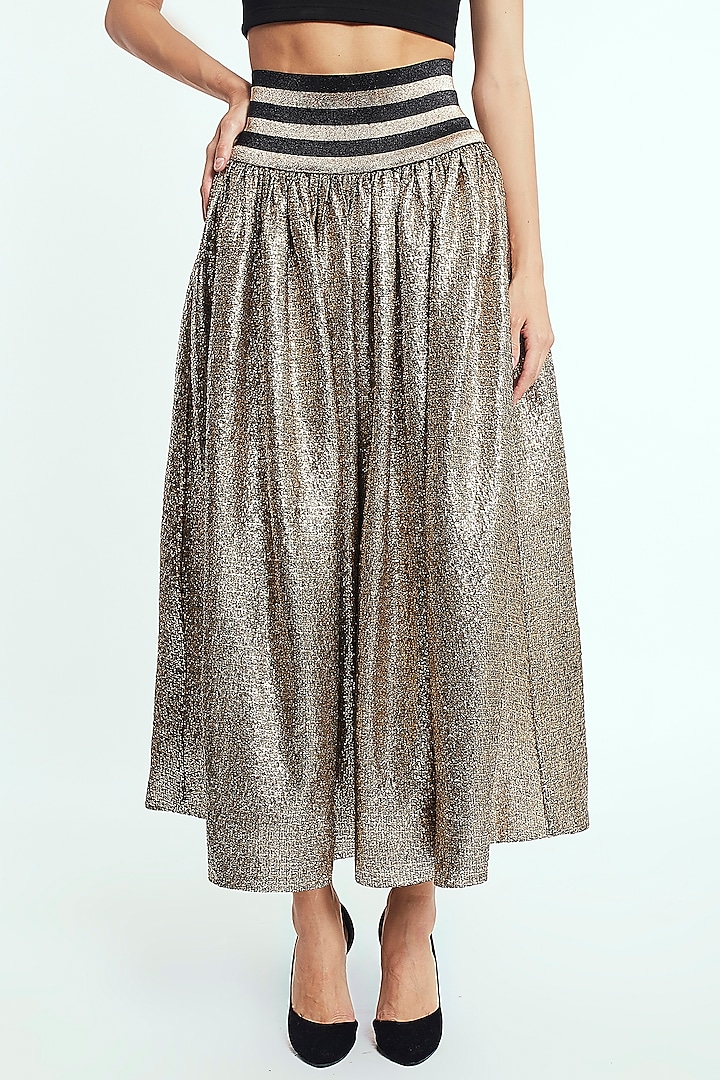 Gold Polyester Midi Skirt by Rocky Star