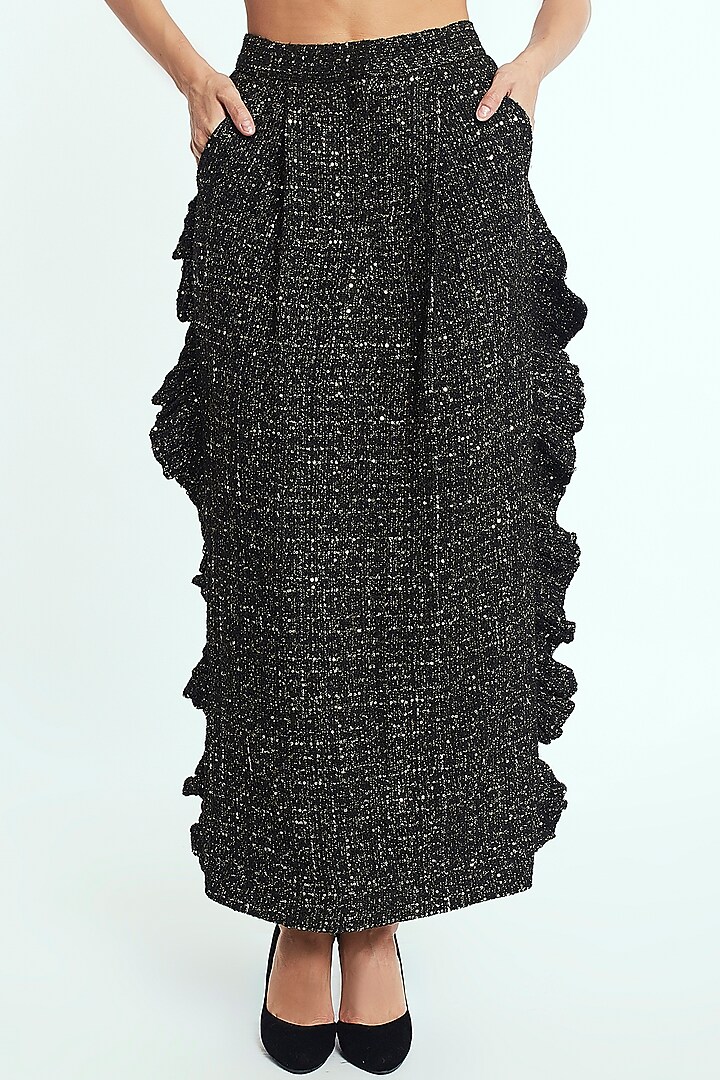 Black & Gold Ruffled Midi Skirt by Rocky Star