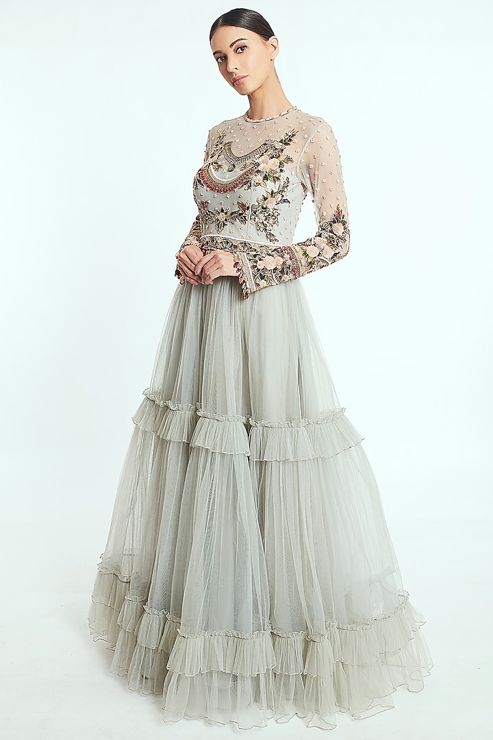 Light Pistachio Hand Embroidered Anarkali Gown  by Rocky Star