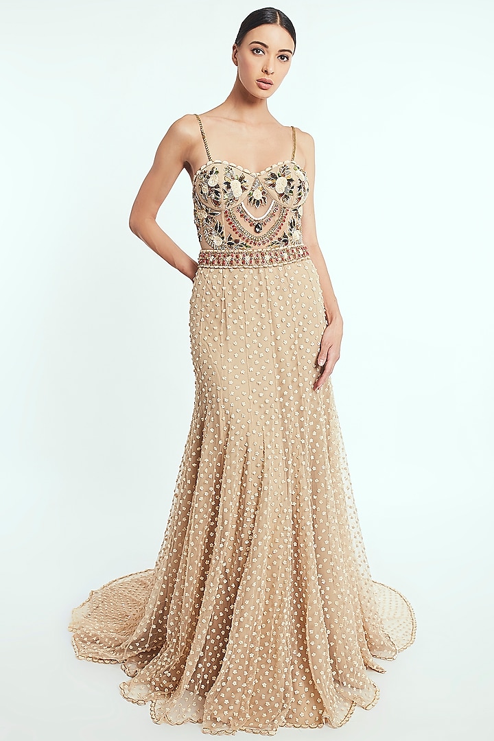 Beige Hand Embroidered Gown  by Rocky Star