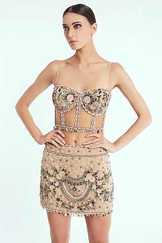 Beige Hand Embroidered Corset Top by Rocky Star