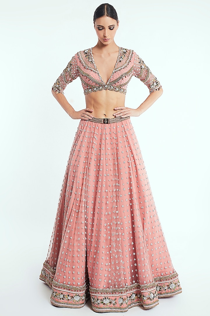 Blush Pink Hand Embroidered Lehenga Set by Rocky Star