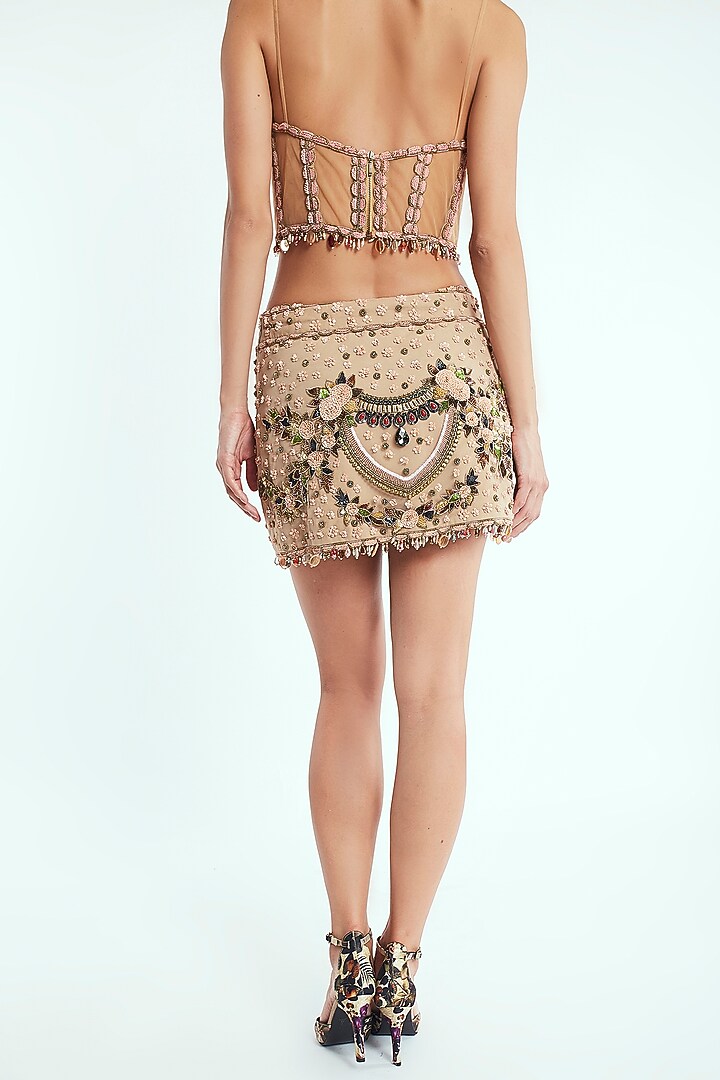 Beige Hand Embroidered Mini Skirt by Rocky Star at Pernia's Pop Up Shop