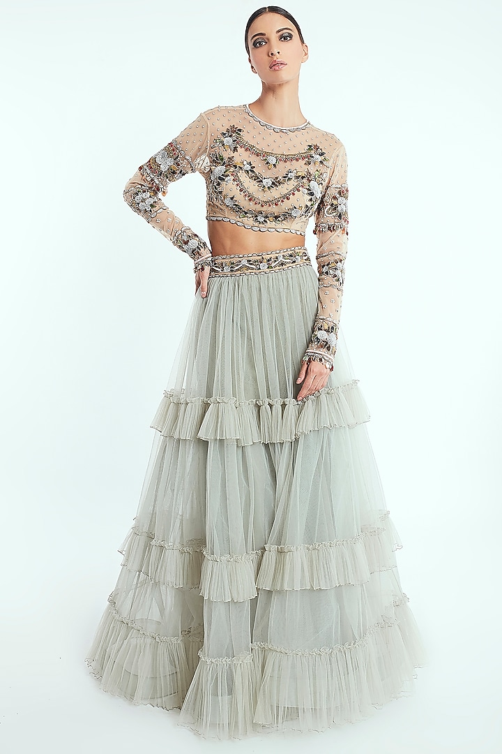 Light Pistachio Hand Embroidered Lehenga Set by Rocky Star