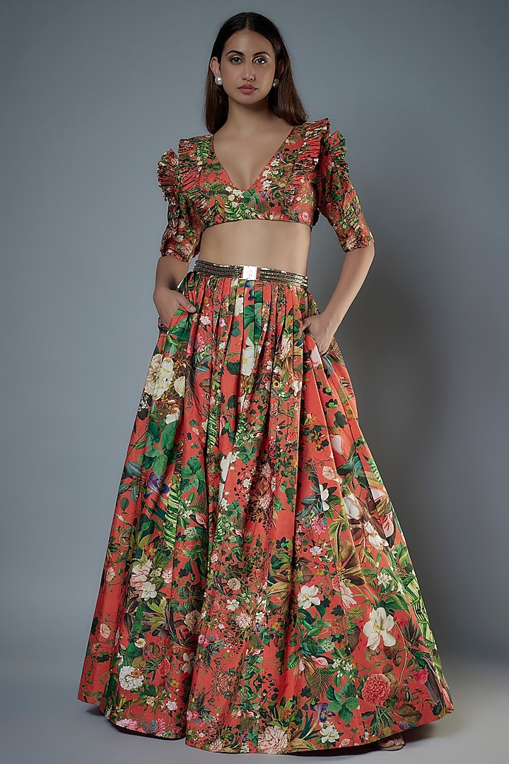 Orange Raw Silk Floral Printed & Embroidered Wedding Lehenga Set by Rocky Star at Pernia's Pop Up Shop