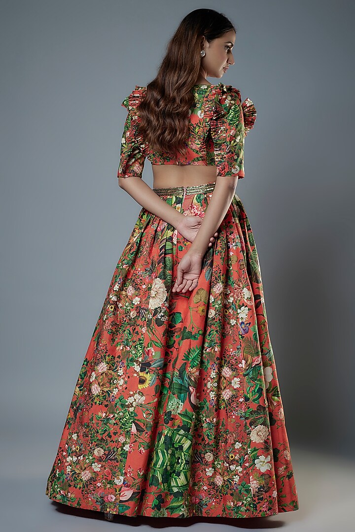 Orange Raw Silk Floral Printed & Embroidered Wedding Lehenga Set by Rocky Star at Pernia's Pop Up Shop