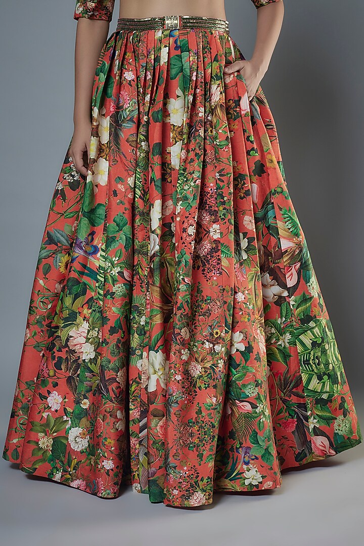 Orange Raw Silk Floral Printed & Embroidered Wedding Lehenga Set by Rocky Star at Pernia's Pop Up Shop
