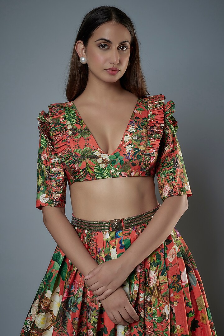 Orange Raw Silk Floral Printed & Embroidered Wedding Lehenga Set by Rocky Star at Pernia's Pop Up Shop