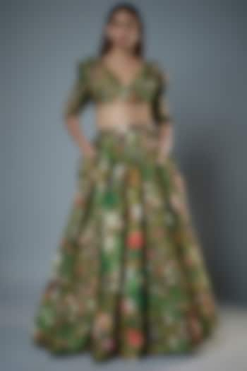 Green Raw Silk Floral Printed & Embroidered Wedding Lehenga Set by Rocky Star at Pernia's Pop Up Shop