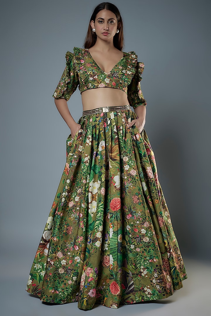 Green Raw Silk Floral Printed & Embroidered Wedding Lehenga Set by Rocky Star at Pernia's Pop Up Shop