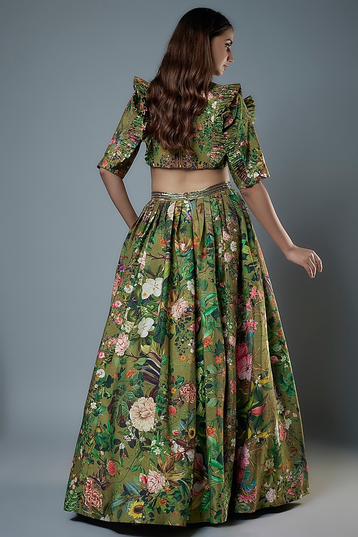 Green Raw Silk Floral Printed & Embroidered Wedding Lehenga Set by Rocky Star at Pernia's Pop Up Shop