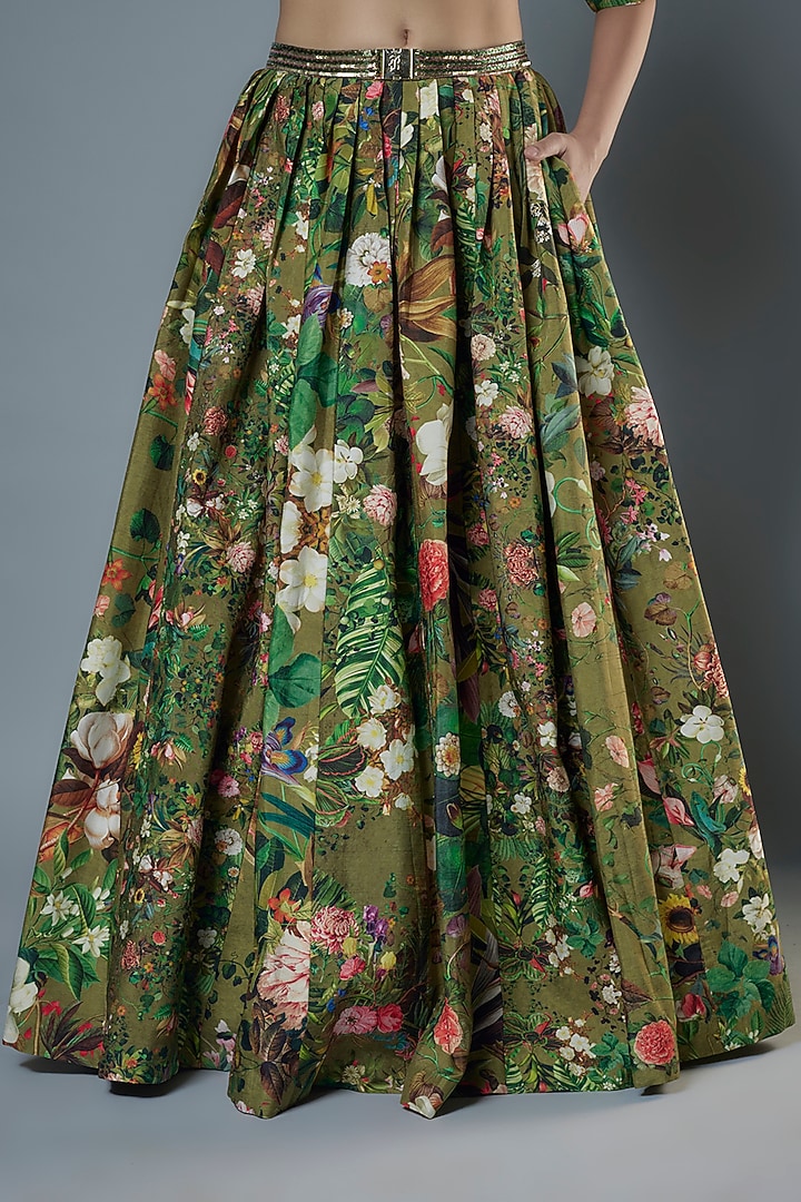 Green Raw Silk Floral Printed & Embroidered Wedding Lehenga Set by Rocky Star at Pernia's Pop Up Shop