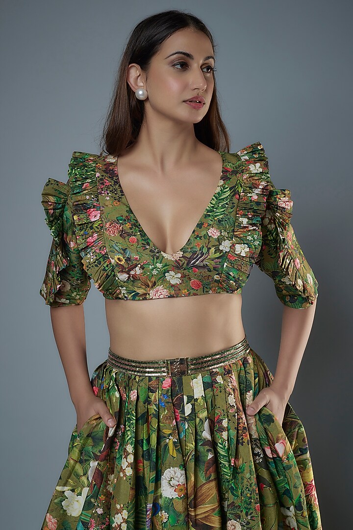 Green Raw Silk Floral Printed & Embroidered Wedding Lehenga Set by Rocky Star at Pernia's Pop Up Shop
