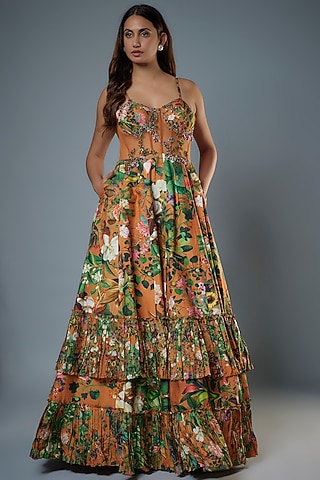 Rust Raw Silk Floral Printed & Embroidered Corset Gown by Rocky Star