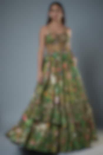Green Raw Silk Floral Printed & Embroidered Corset Gown by Rocky Star