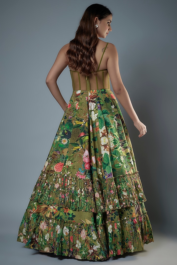 Green Raw Silk Floral Printed & Embroidered Corset Engagement Gown by Rocky Star at Pernia's Pop Up Shop