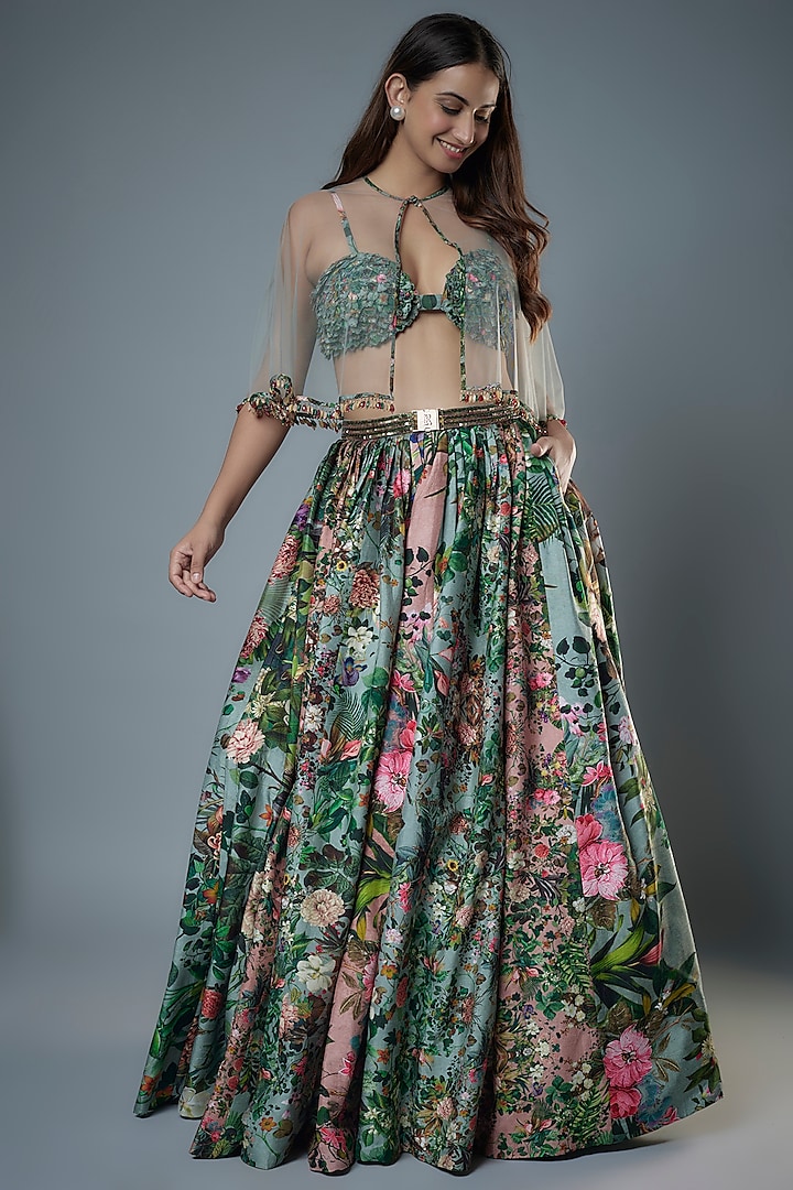 Multi-Colored Raw Silk Floral Printed & Embroidered Jacket Wedding Lehenga Set by Rocky Star at Pernia's Pop Up Shop