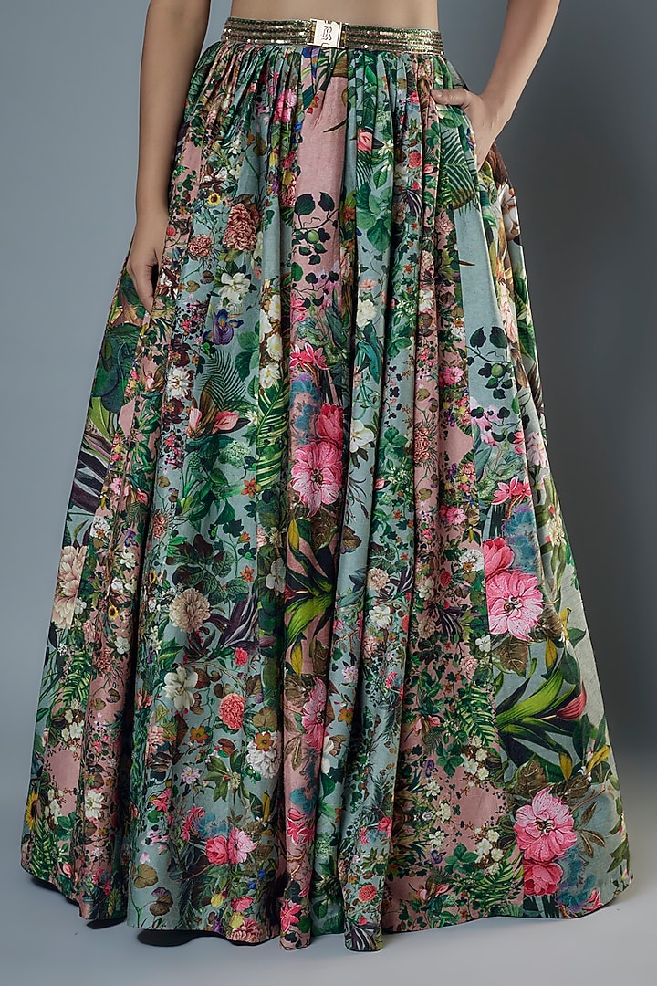 Multi-Colored Raw Silk Floral Printed & Embroidered Jacket Wedding Lehenga Set by Rocky Star at Pernia's Pop Up Shop