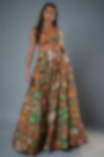 Rust Raw Silk Floral Printed & Embroidered Corset Gown by Rocky Star
