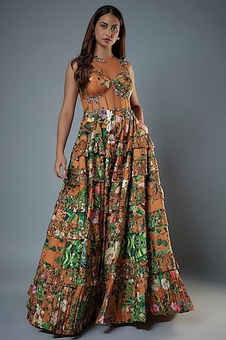 Rust Raw Silk Floral Printed & Embroidered Corset Gown by Rocky Star