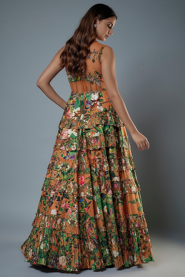 Rust Raw Silk Floral Printed & Embroidered Corset Engagement Gown by Rocky Star at Pernia's Pop Up Shop