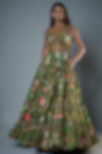 Green Raw Silk Floral Printed & Embroidered Corset Gown by Rocky Star