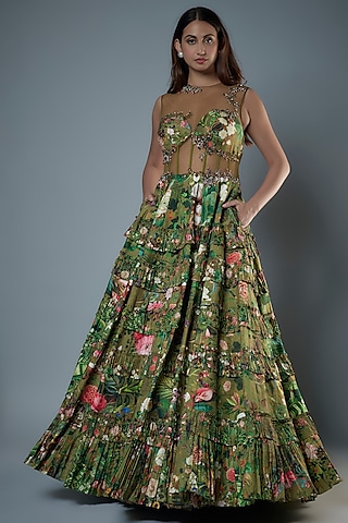 Green Raw Silk Floral Printed & Embroidered Corset Gown by Rocky Star