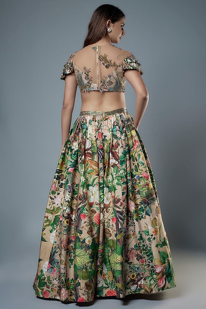 Green Raw Silk Floral Printed & Embroidered Corset Engagement Gown by Rocky Star at Pernia's Pop Up Shop
