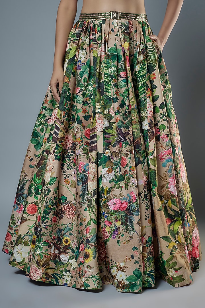 Green Raw Silk Floral Printed & Embroidered Corset Engagement Gown by Rocky Star at Pernia's Pop Up Shop